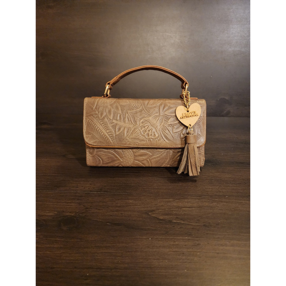 Hazelnut Brown Sunflower Embossed Tooled Artisan LEATHER Crossbody Handbag Purse - Picture 5 of 14